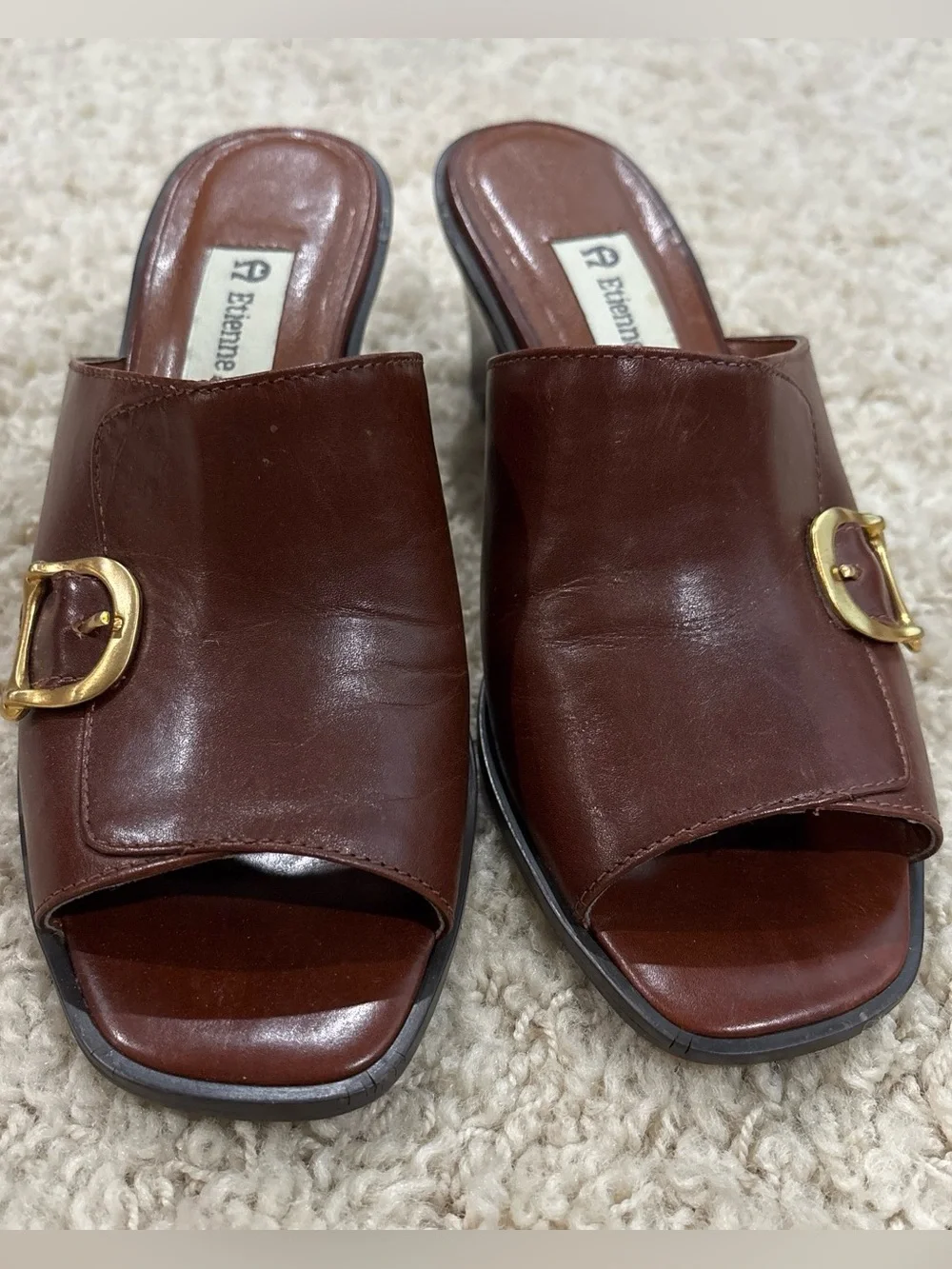 Vintage Etienne Aigner Brown Leather Mule Block Heel Square Toe Sandals Size 6M